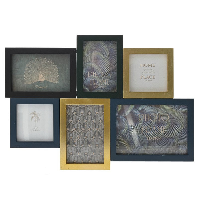 ΦΩΤΟΓΡΑΦΟΘΗΚΗ ΞΥΛΙΝΗ 6 ΘΕΣΕΩΝ ΜΑΥΡΟ ΧΡΥΣΟ ΜΠΛΕ 44x30cm