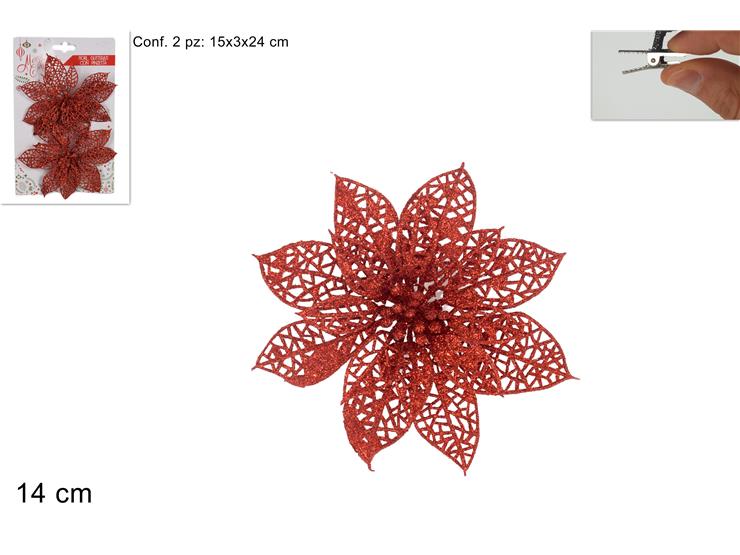 ΛΟΥΛΟΥΔΙ ΜΕ ΚΛΙΠ ΣΕΤ 2ΤΕΜ ΚΟΚΚΙΝΟ GLITTER 14εκ XMAS