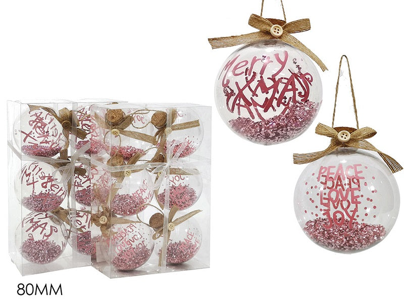 ΜΠΑΛΑ XMAS 6ΤΕΜ ΔΙΑΦΑΝΕΣ ΜΕ ΡΟΖ GLITTER ΚΑΙ ΦΕΛΛΟ 8εκ