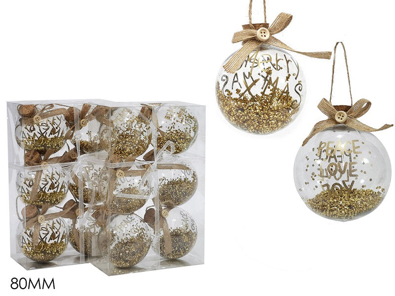 ΜΠΑΛΑ XMAS 6ΤΕΜ ΔΙΑΦΑΝΕΣ ΜΕ ΧΡΥΣΟ GLITTER ΚΑΙ ΦΕΛΛΟ 8εκ