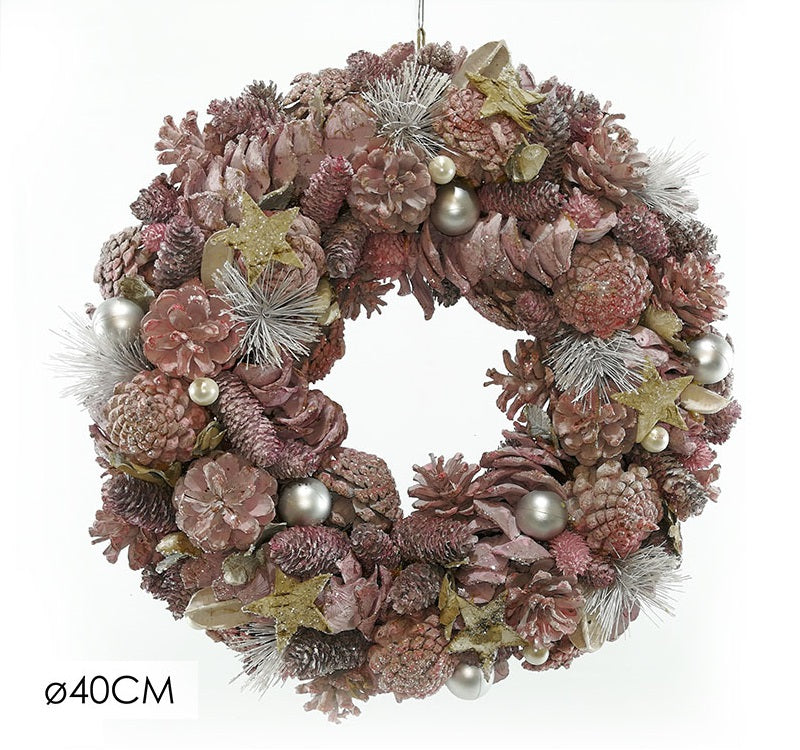 ΣΤΕΦΑΝΙ XMAS 40εκ ΜΕ ΡΟΖ ΚΟΥΚΟΥΝΑΡΕΣ ΚΑΙ ΣΤΟΛΙΔΙΑ